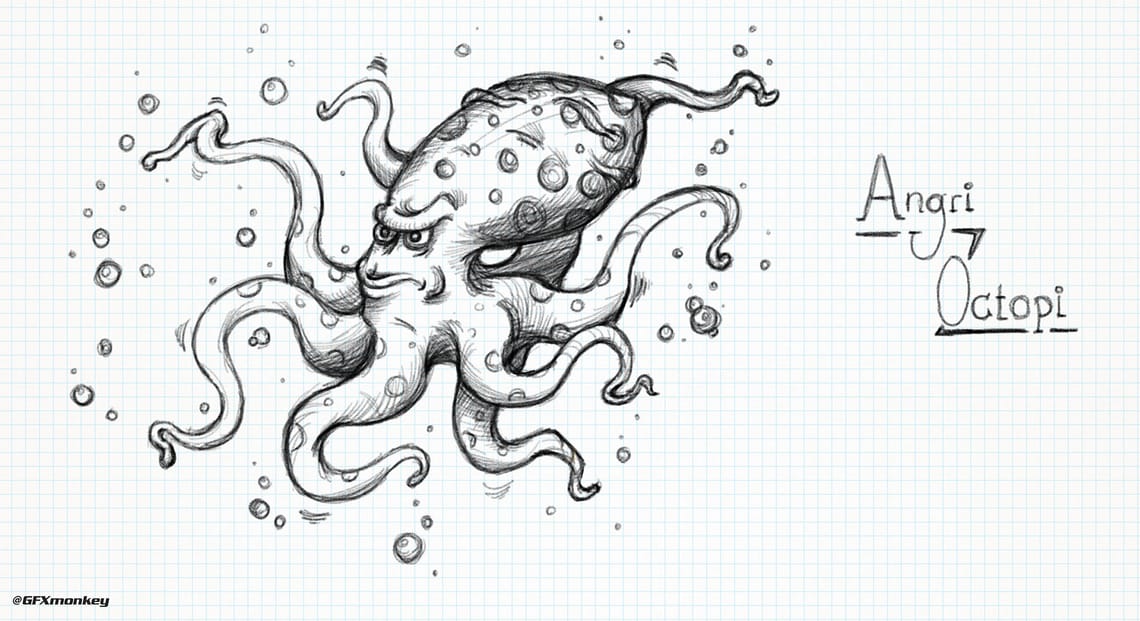 Digital sketch of an angry octopus.