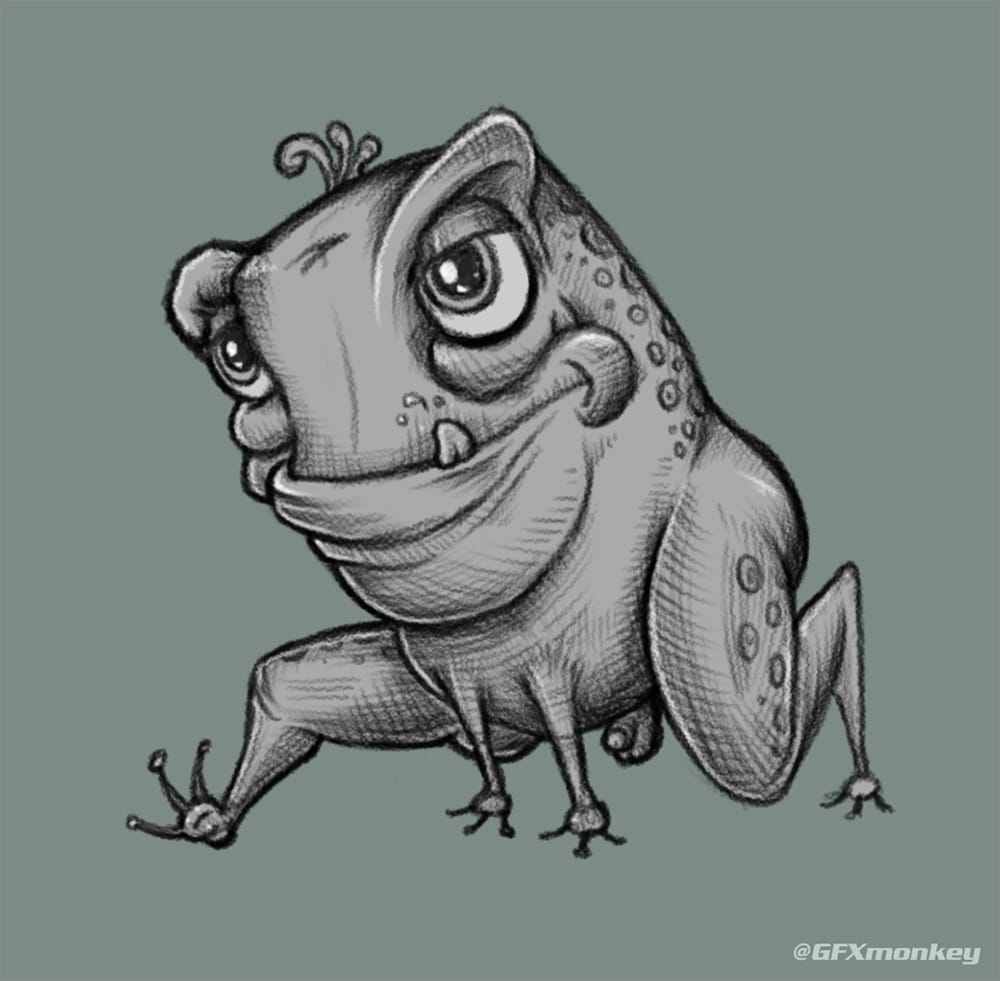 Digital sketch of a strange, hungry, leaping/walking frog.