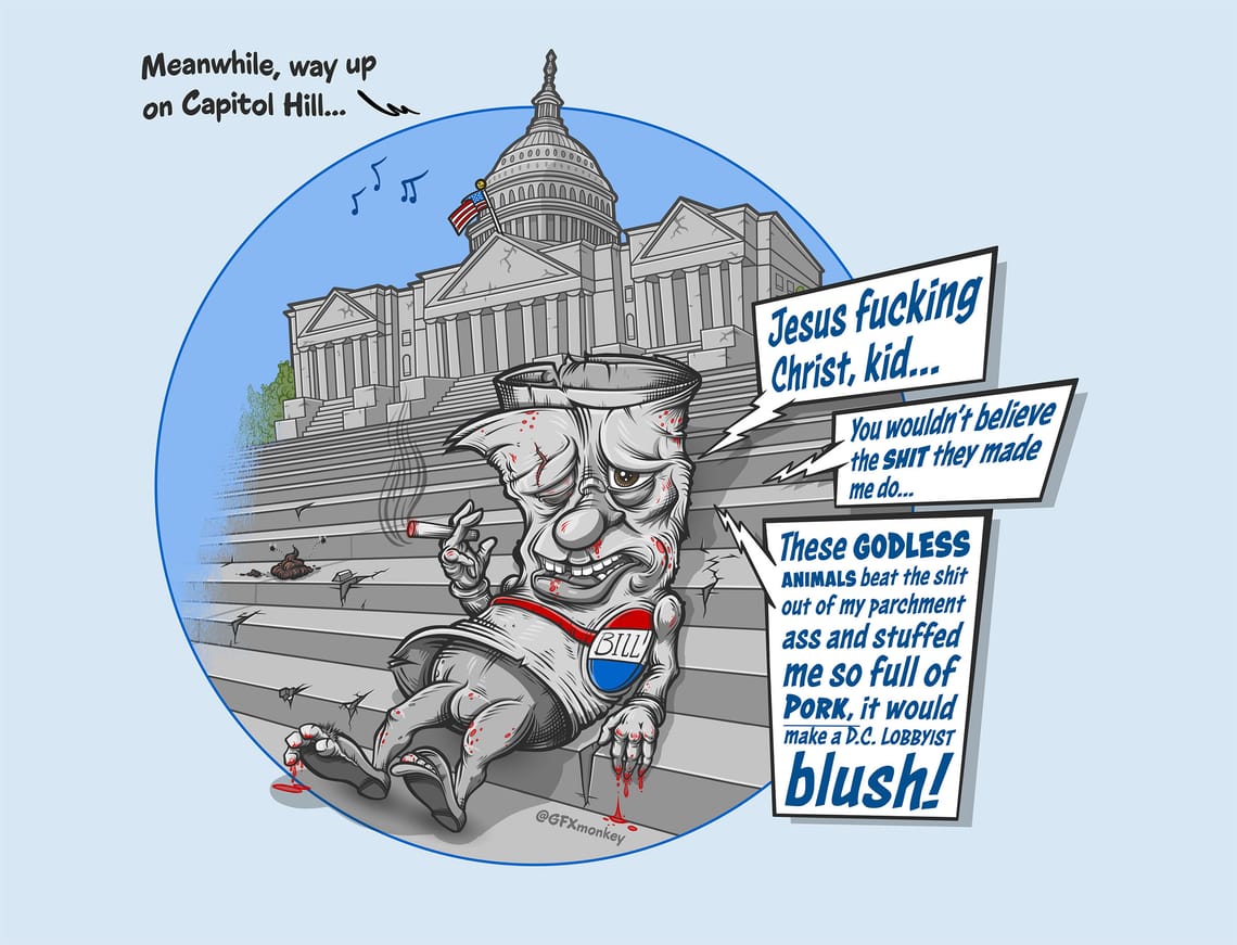 A severely beaten bill languishes on the steps of the capitol.