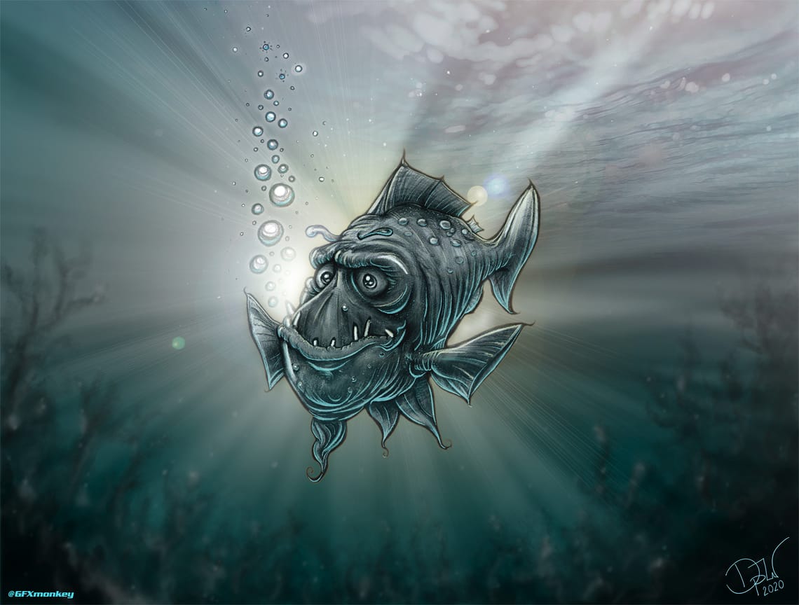 Intense looking fish, staring at you from underwater, with light coming from behind.