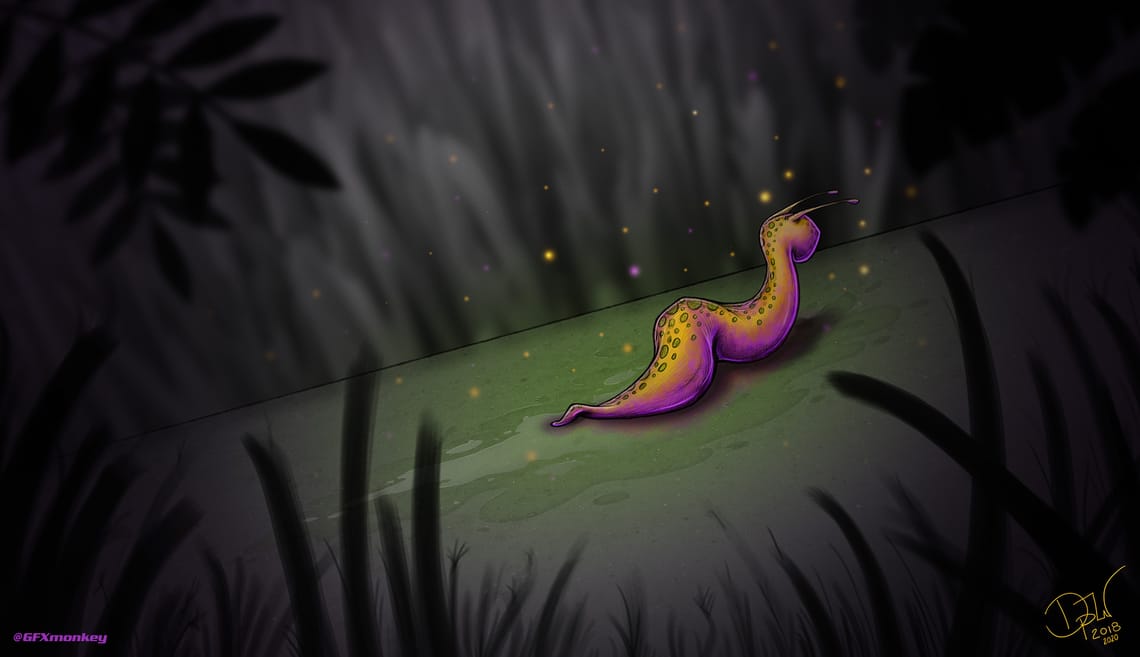 Bright yellow and purple slug oozing along the underbrush.