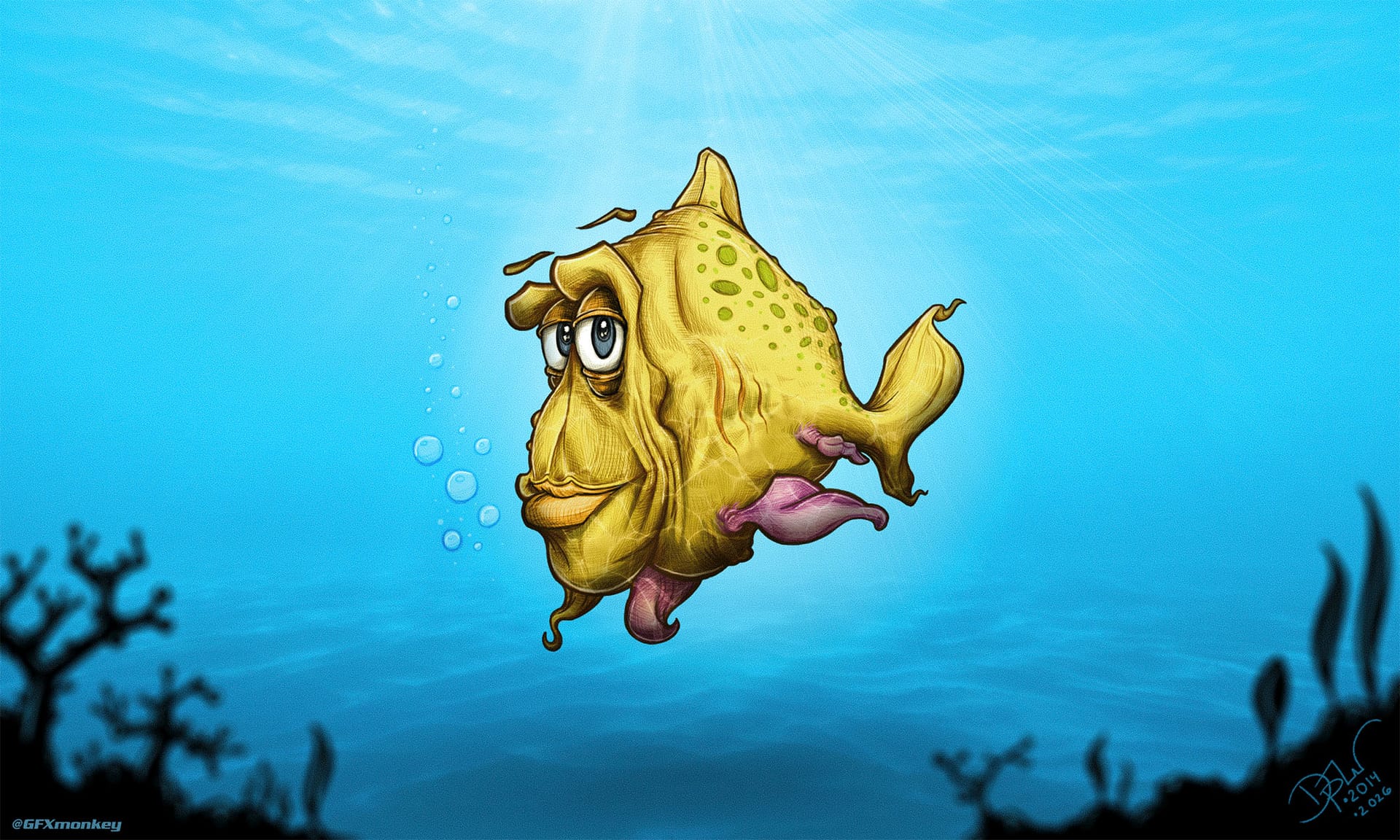  Funky yellow fish underwater in the sea.