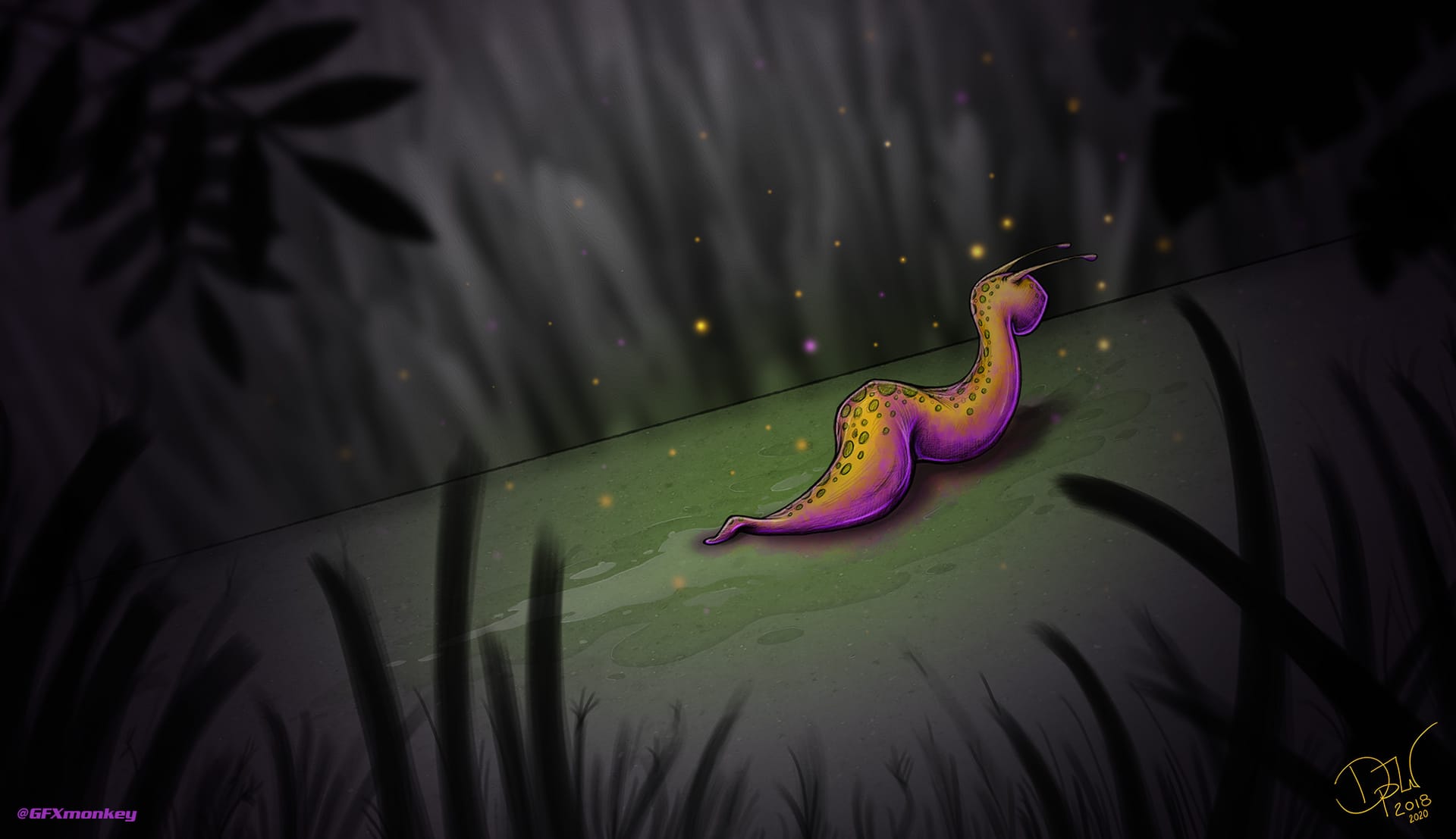 Bright yellow and purple slug oozing along the underbrush.