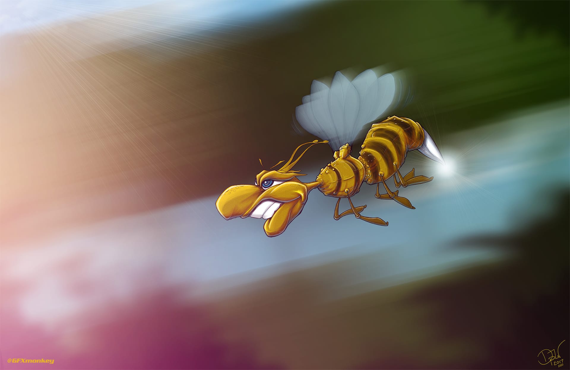 Stylized Bee moving at a high rate of speed.